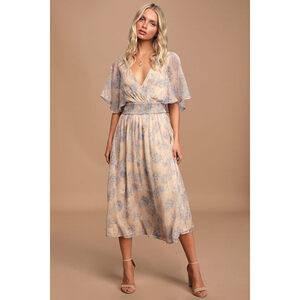 Lulus Subtle Romance Beige Floral Print Ruffled Midi Dress - Size M